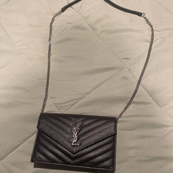 NWOT AUTHENTIC YSL BLACK LEATHER CROSSBODY SILVER LOGO HARDWARE - Picture 1 of 7